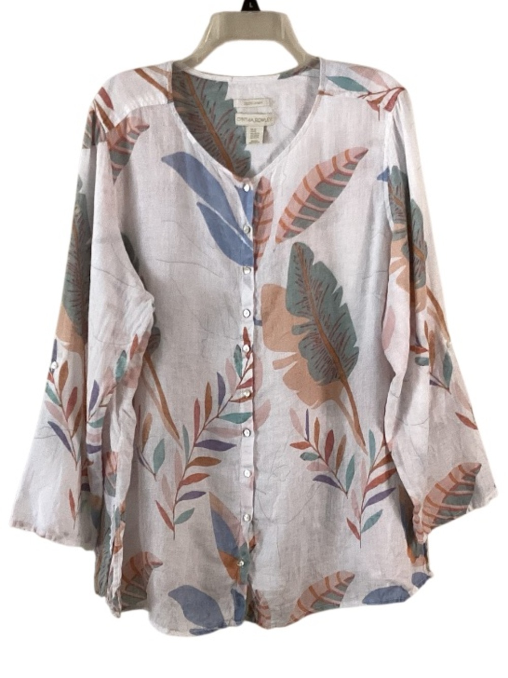 Cynthia Rowley Linen Button-Front Tropical Leaf Print Blouse 2X
